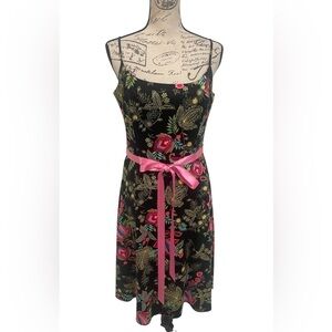 Jessica Howard Black Floral Gold Print Spaghetti Strap Dress Pink Ribbon Size 10
